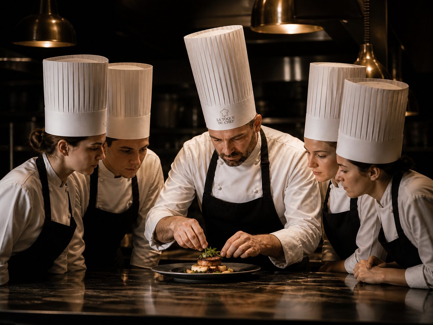 Brigade en cuisine portant des toques personnalisées en non-tissé viscose